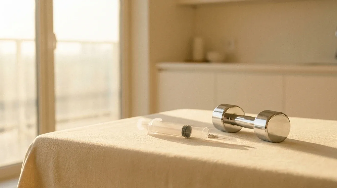 A medical syringe and chrome dumbbell rest on a warm cream surface in natural golden light.
