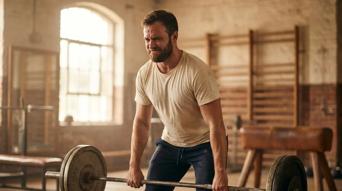 A focused man performs a barbell curl with intense concentration, lit by soft golden gym lighting.