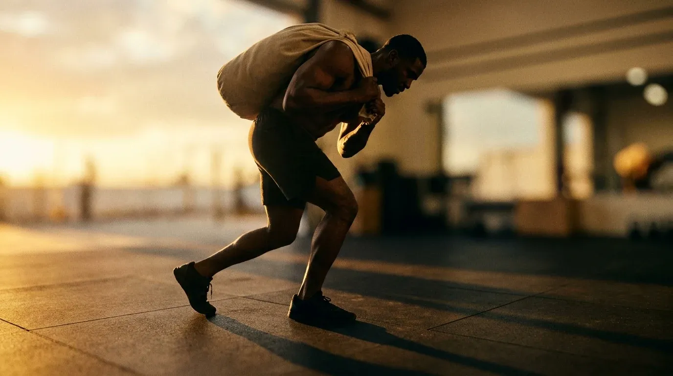 Male athlete sprinting while carrying a heavy sandbag over his shoulder, shot from below with golden hour lighting.