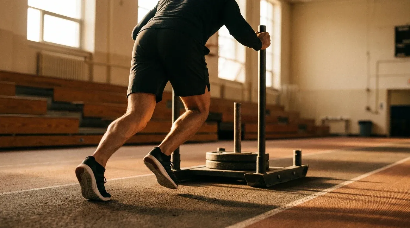 Athlete in powerful drive stance pushing a competition sled across a gymnasium floor.
