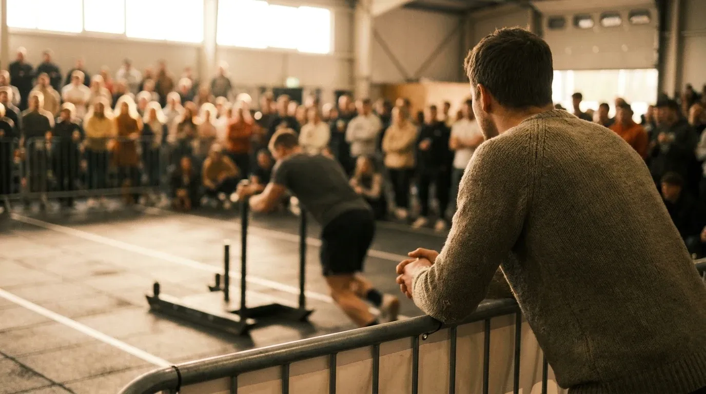 A spectator leans against the barrier watching an athlete push a sled during a HYROX competition.