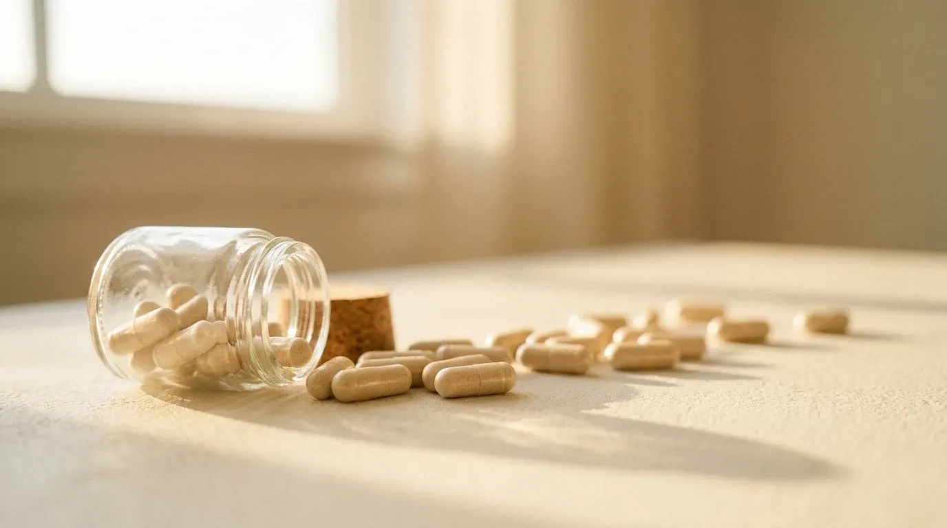 A tipped glass jar spilling pale beige capsules across a warm cream surface in soft golden daylight.