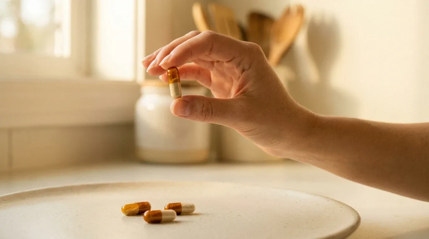 Hand holding a translucent probiotic capsule up to light, with similar capsules scattered on a cream surface below.