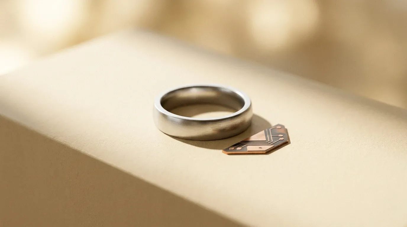 Sleek metallic ring and geometric circuit fragment on warm cream surface, symbolizing tech evolution.