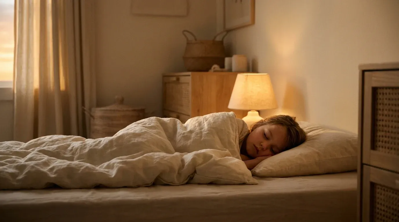 A young child sleeps peacefully in a softly lit bedroom with warm amber lamp lighting.