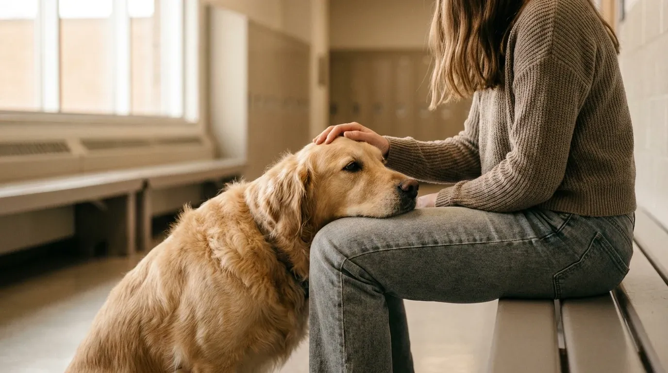A golden retriever rests its chin on a teen's knee while the student gently touches the dog's head in a calm moment.