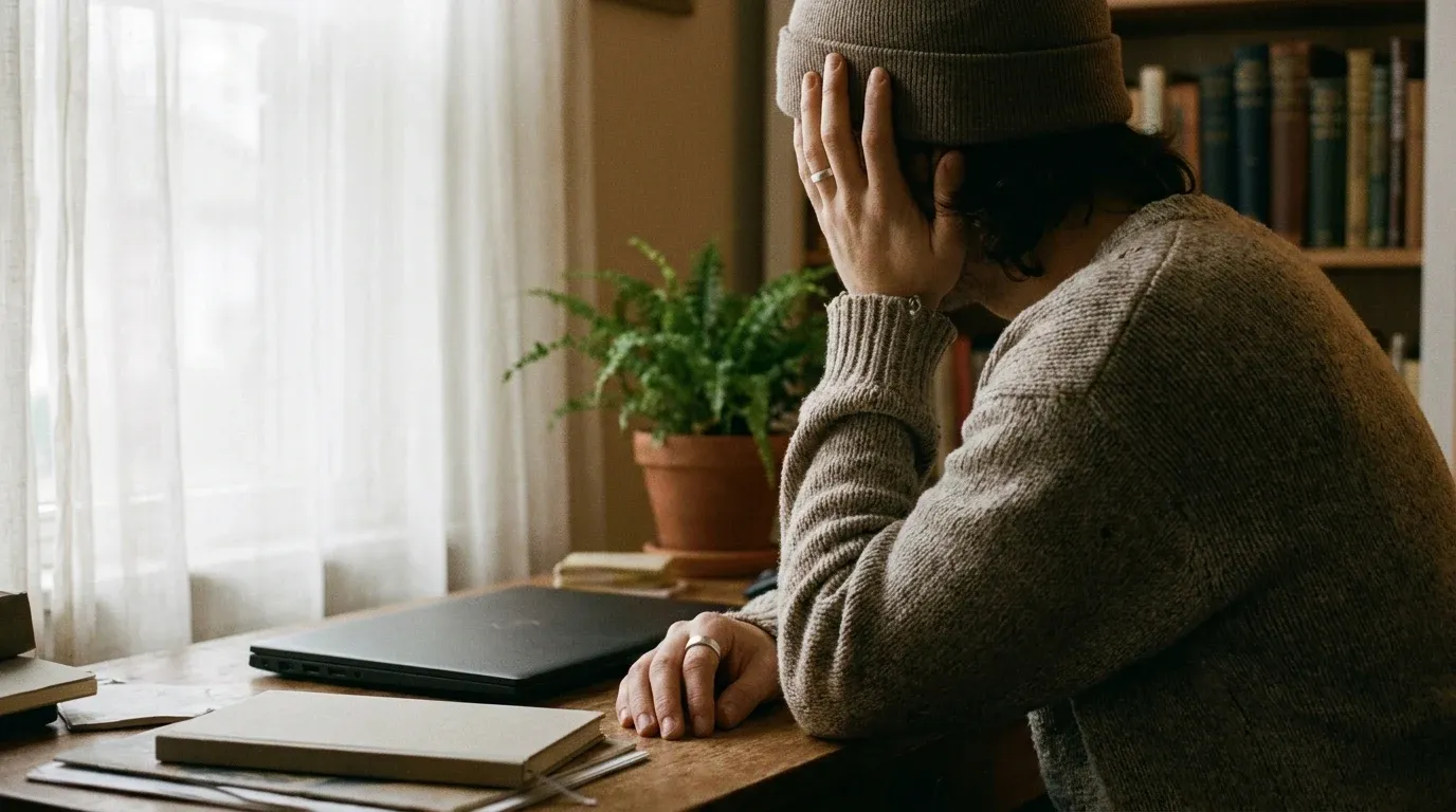 A person alone at a home desk with head in hand, conveying quiet exhaustion and fatigue.
