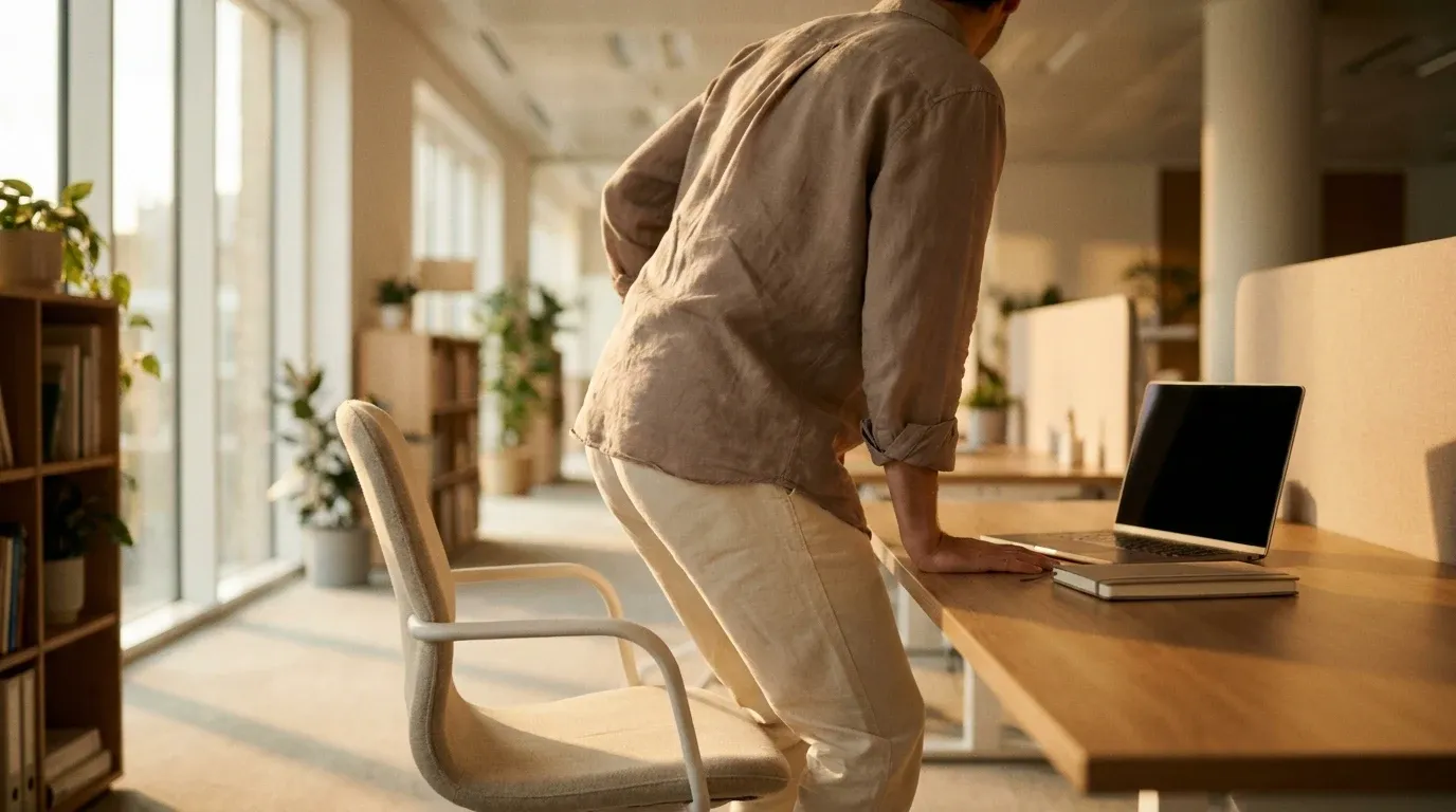 Person standing up from an office chair in a sunlit open-plan workspace with warm natural light.