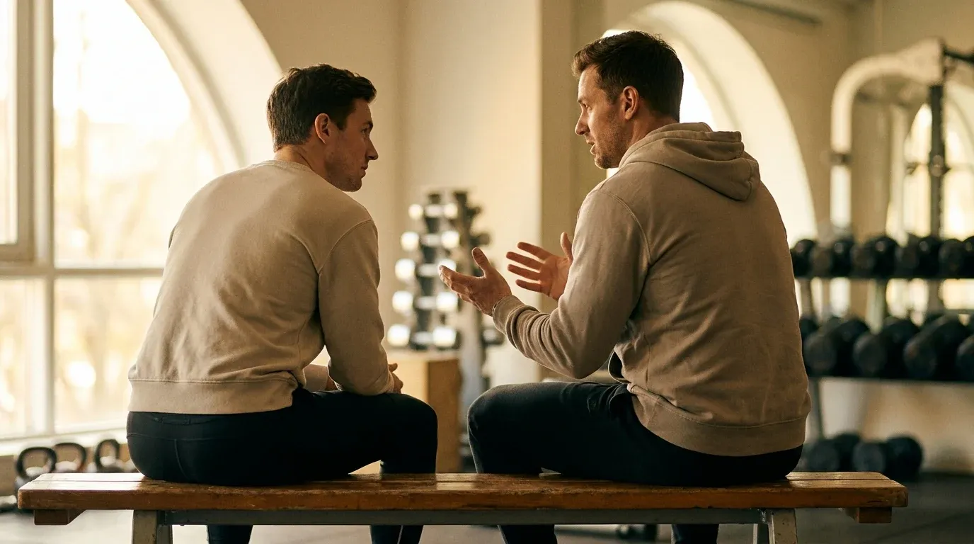 Coach and client in conversation on gym bench, bathed in warm morning light, demonstrating active listening.