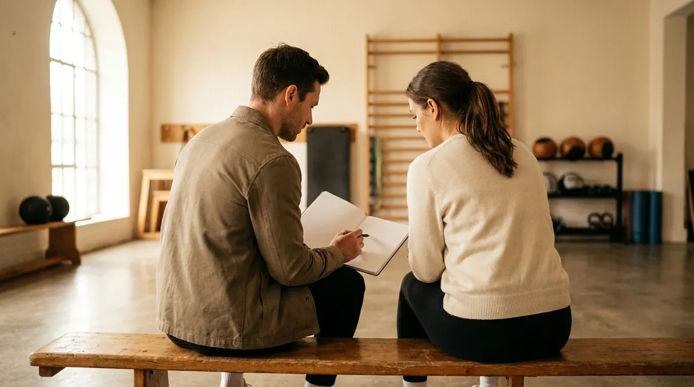 A coach and client sit together reviewing an open notebook, collaborating on goal-setting in a gym.