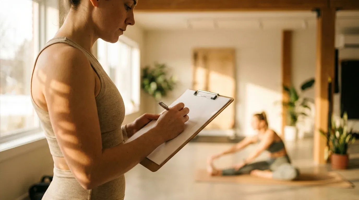 A personal trainer takes notes on a clipboard while an athlete stretches in the background of a gym.