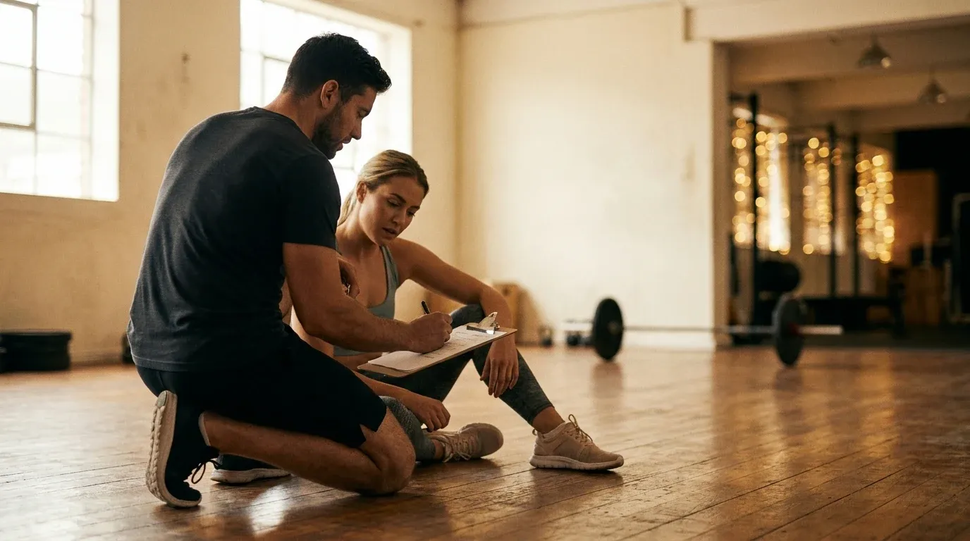 A personal trainer and client review an assessment form together on a gym floor in warm natural light.