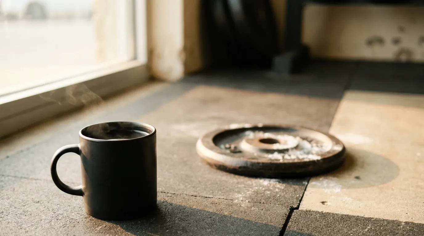 Steaming black coffee mug beside an iron weight plate on a warm-toned gym floor.