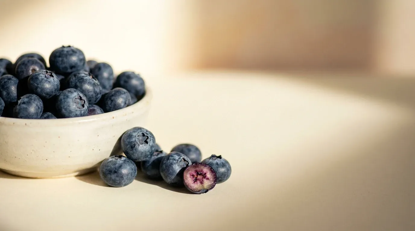 Bowl of deep indigo blueberries with one cross-sectioned berry in macro focus on a warm cream surface.