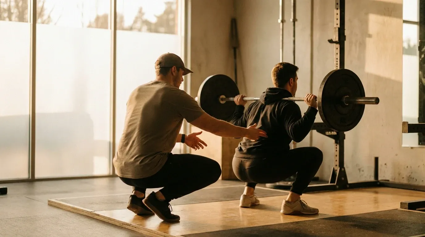 A coach crouched beside a lifter at the bottom of a squat provides form cues in a warm, naturally lit gym.