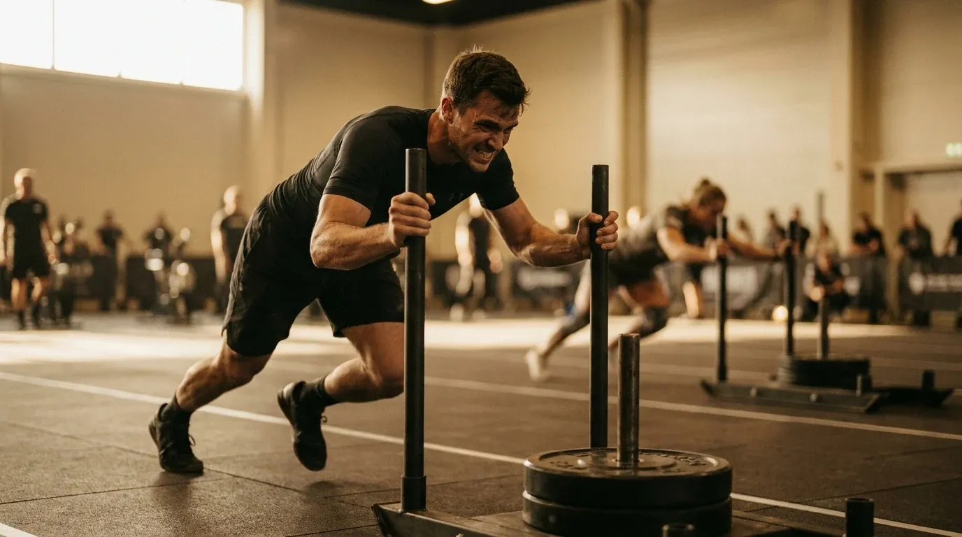 Male athlete intensely pushing a weighted competition sled during a HYROX race event.
