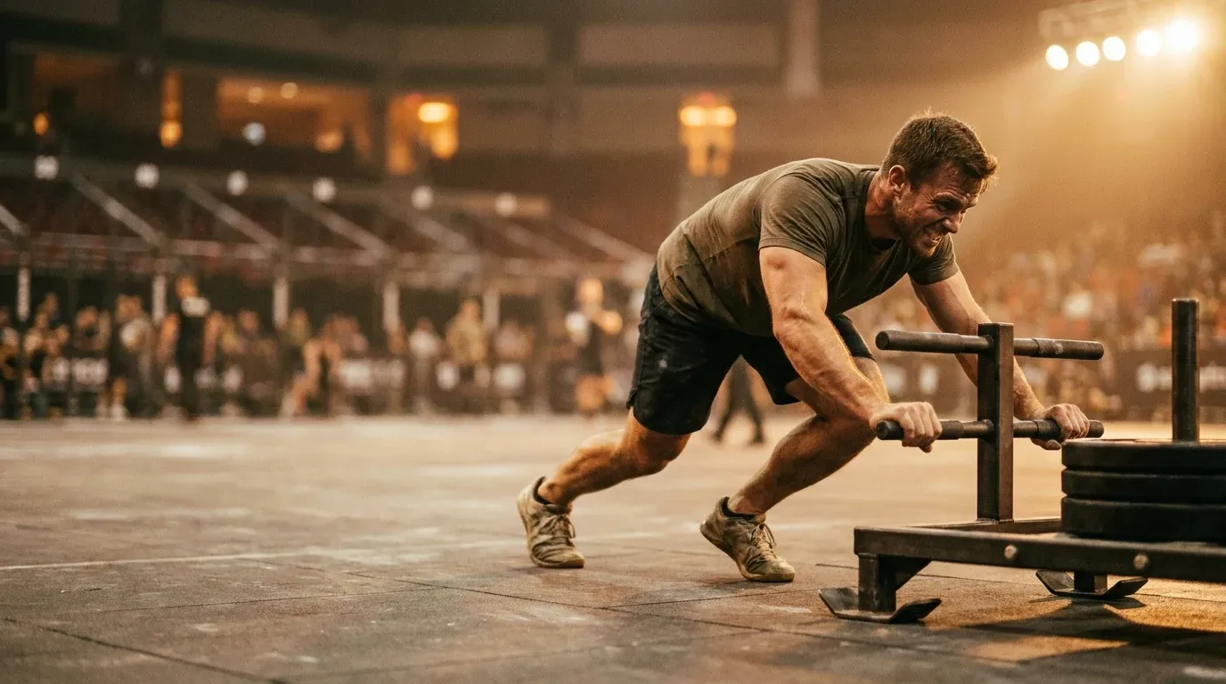 Elite athlete in powerful sled push stance driving toward camera with competitive intensity under warm lighting.