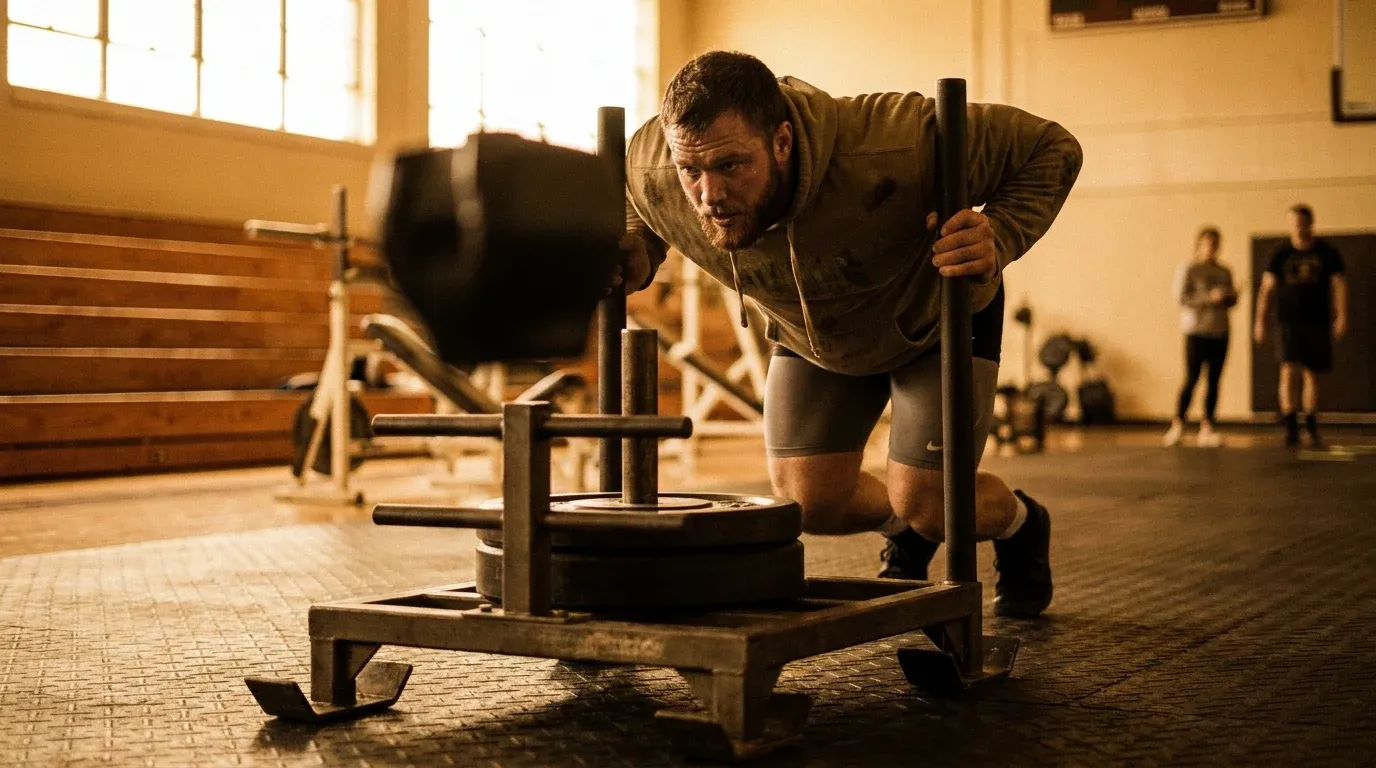 Focused athlete driving a heavy sled forward with intense determination in a gym.