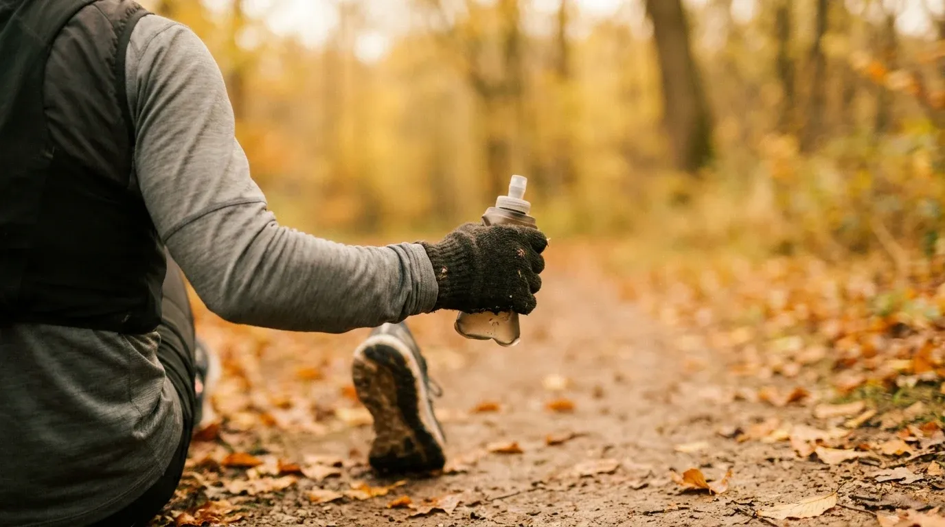Runner in cool-weather gear gripping a small flask mid-stride on an autumn trail with golden leaves.