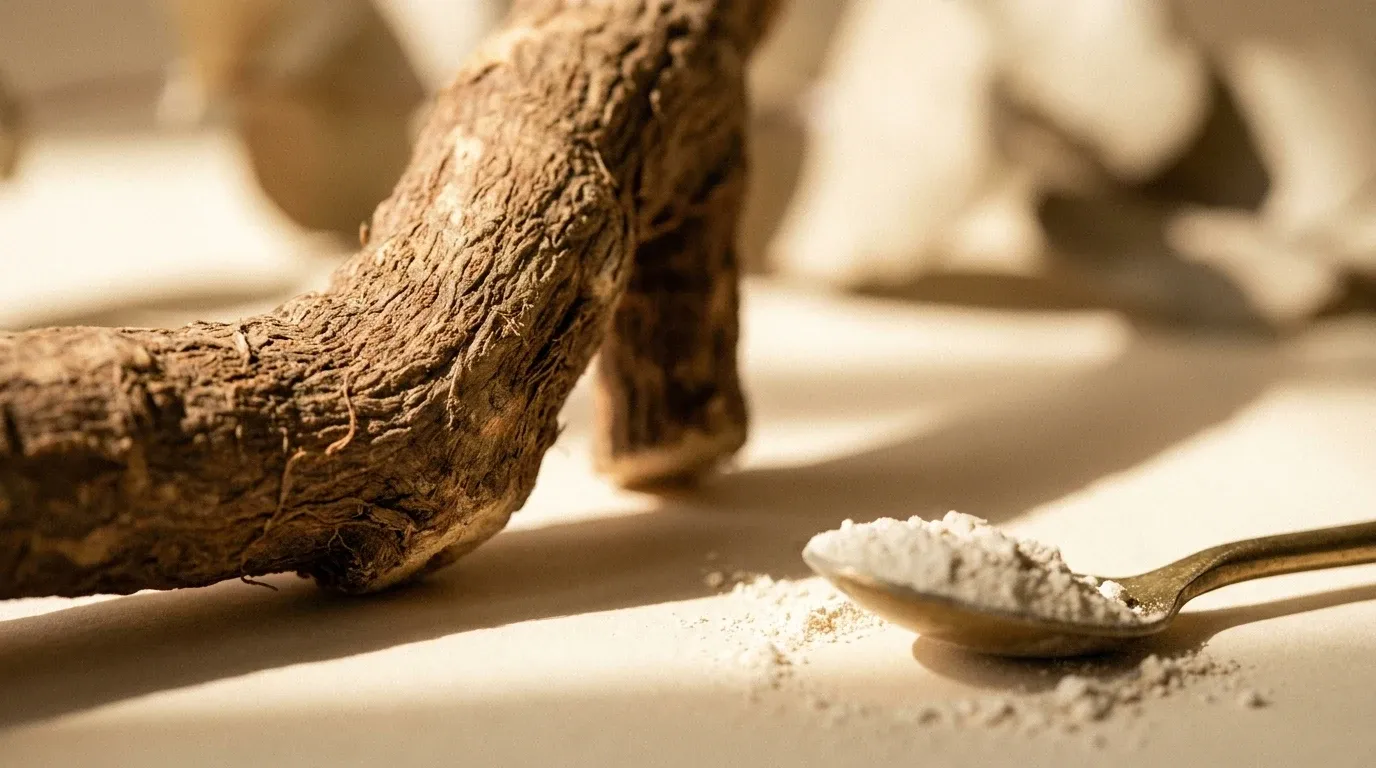 Close-up of gnarled Tongkat Ali root with brass spoon of white powder on warm cream background.