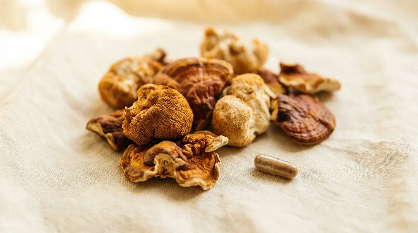 Dried lion's mane and reishi mushrooms with supplement capsule on warm cream linen.