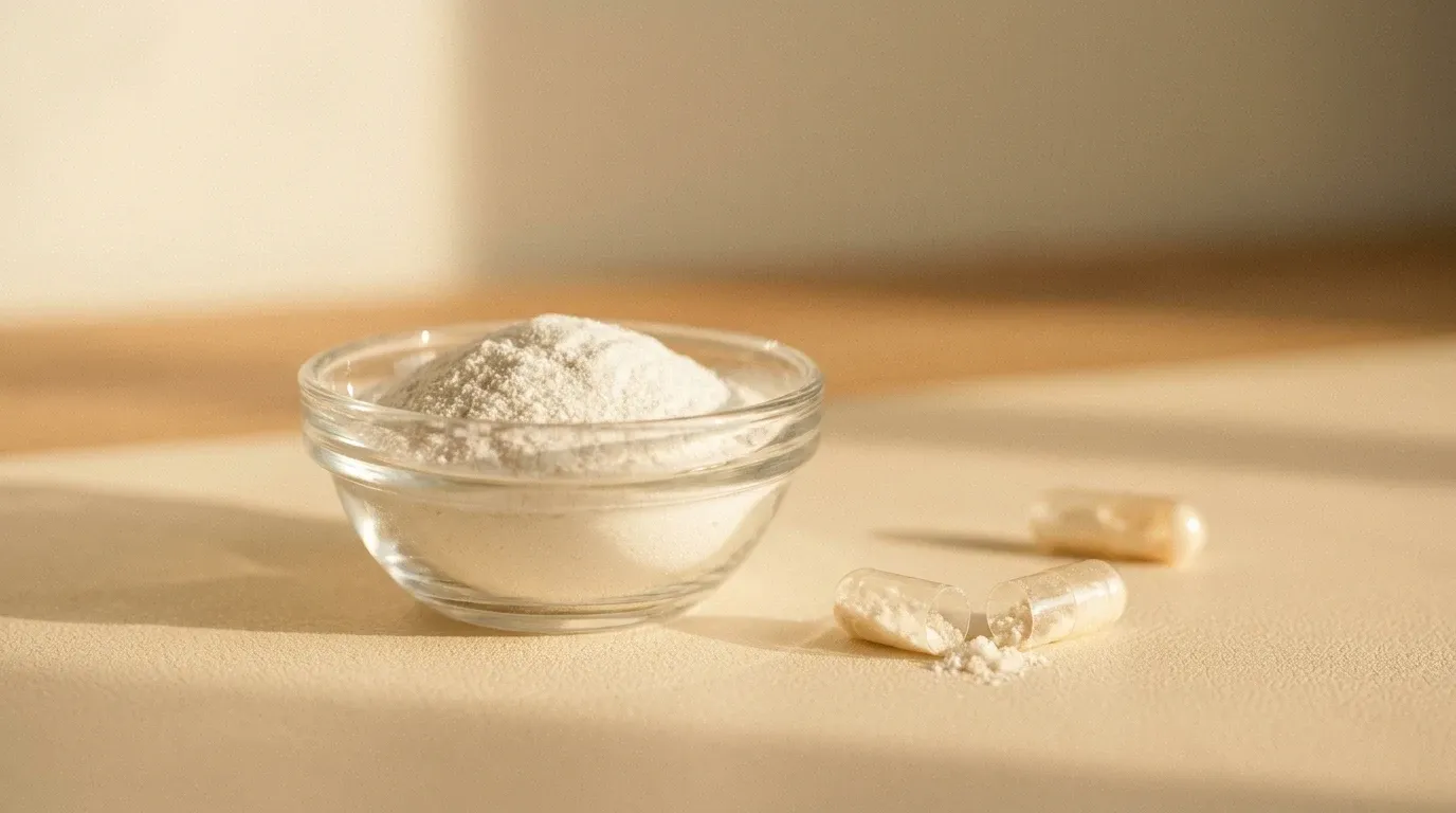 White pre-workout powder and opened capsules with crystalline contents on a warm cream surface.