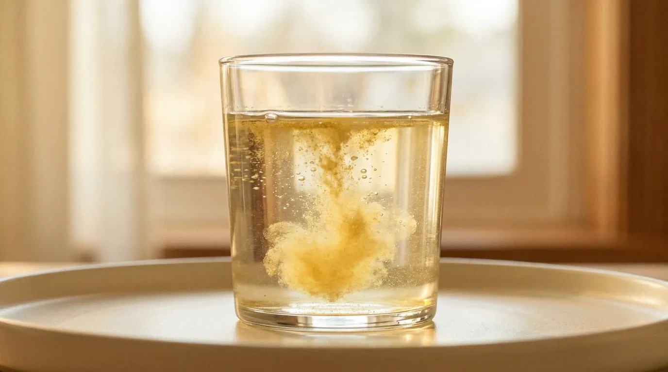 Golden-yellow quercetin powder dissolving in water with warm natural light and rising bubbles.