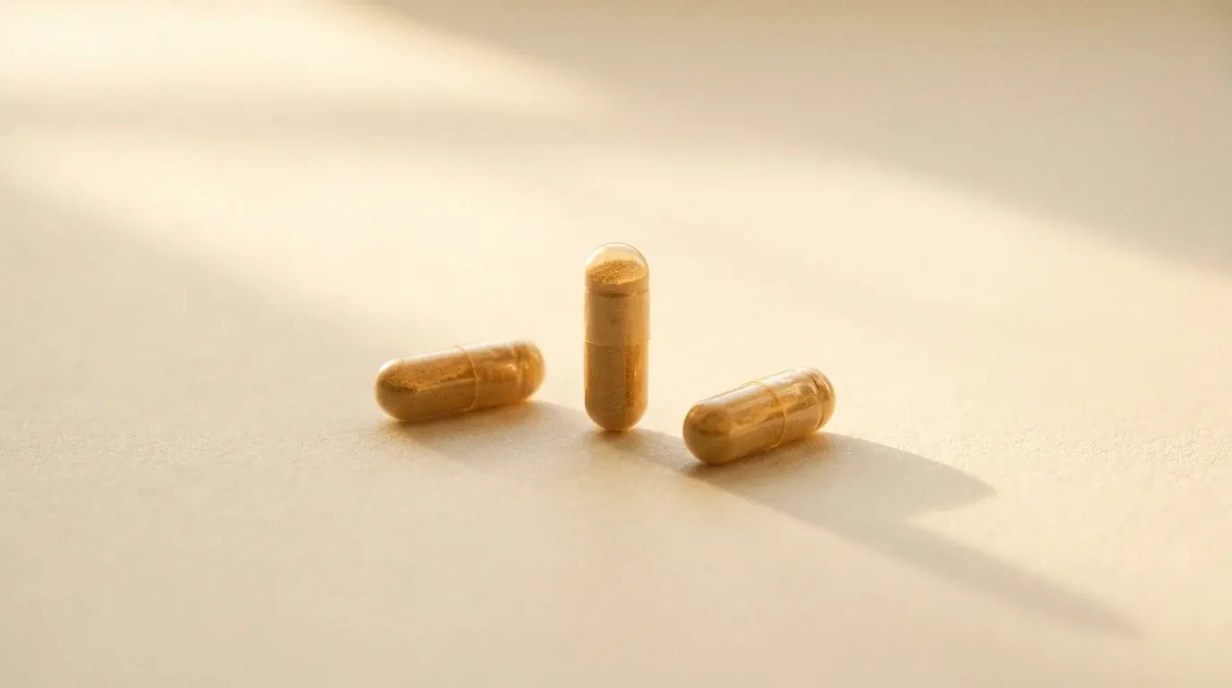 Three amber translucent capsules arranged on a warm cream surface in soft natural light.