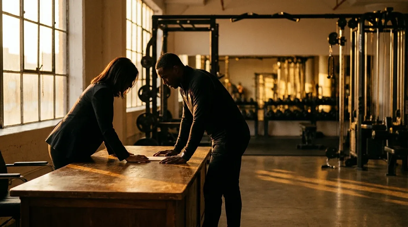 Two professionals meet at a gym desk in warm natural light, with fitness equipment softly blurred in the background.