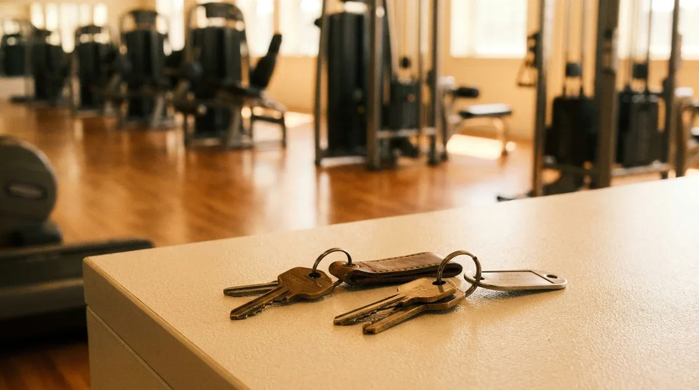 Two gym keys on a cream desk with soft amber light, blurred gym equipment in background suggesting business transition.