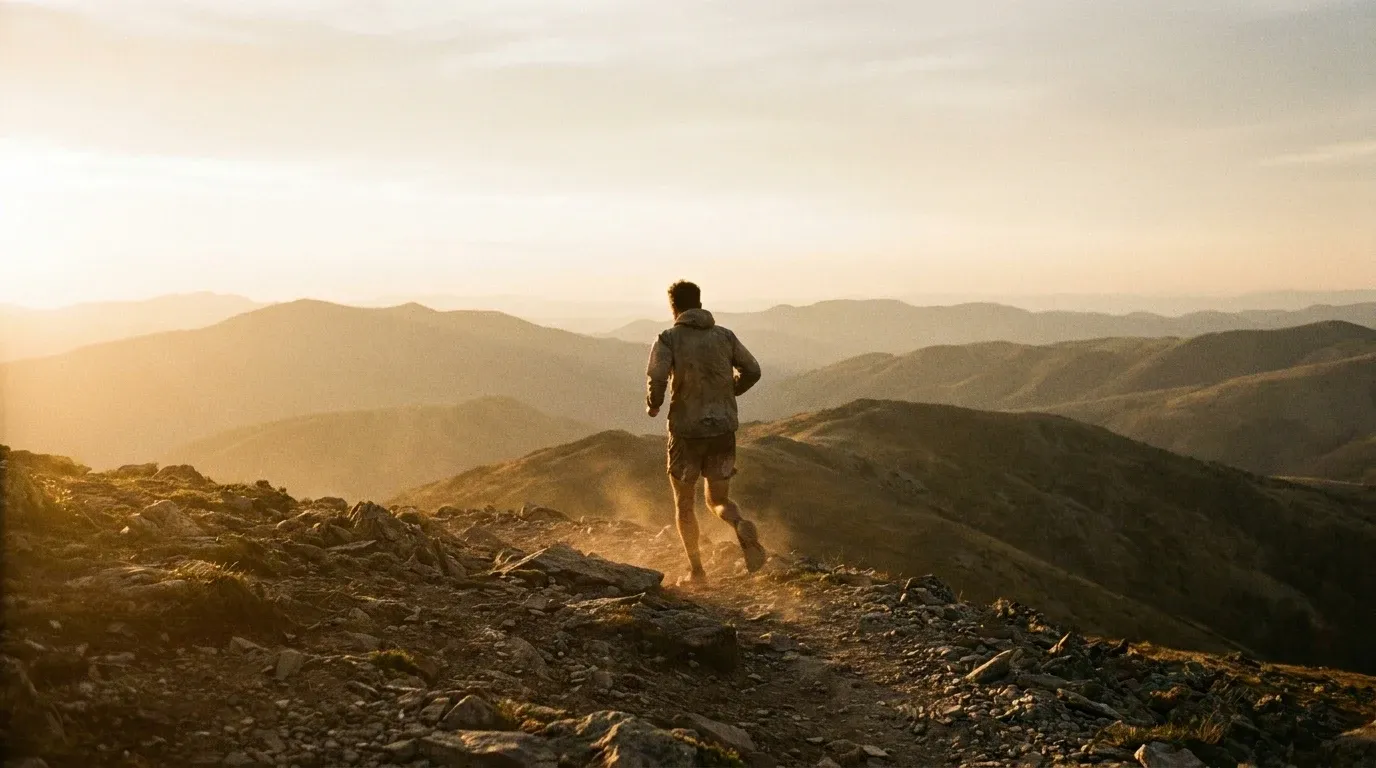 Trail runner in mid-stride on a high-altitude rocky ridge, silhouetted against expansive mountain landscape in golden-hour light.