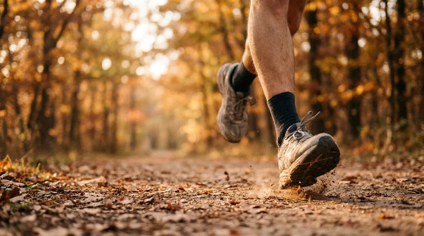 Close-up of a runner's legs mid-stride on an autumn trail scattered with golden leaves.
