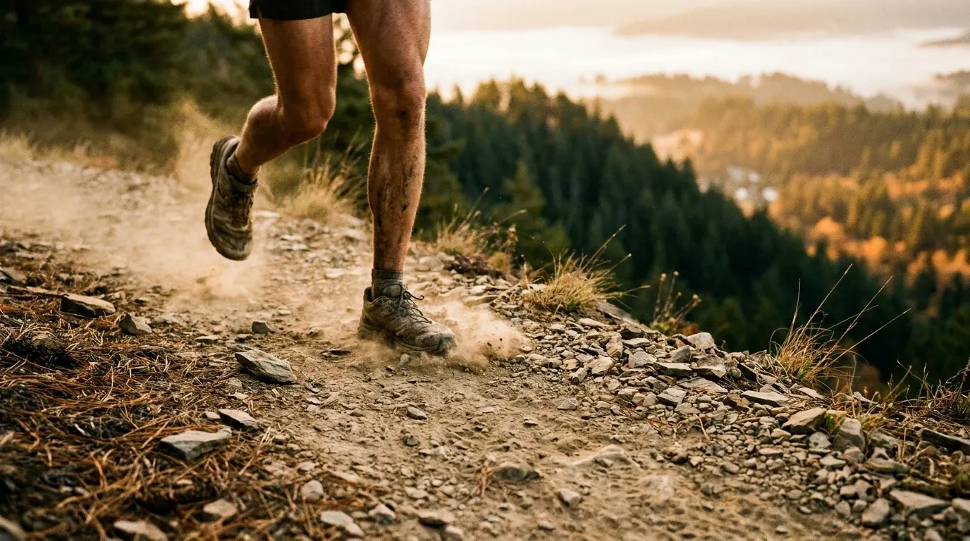 Close-up of an ultramarathon runner's legs mid-stride on a rocky alpine trail at golden hour.