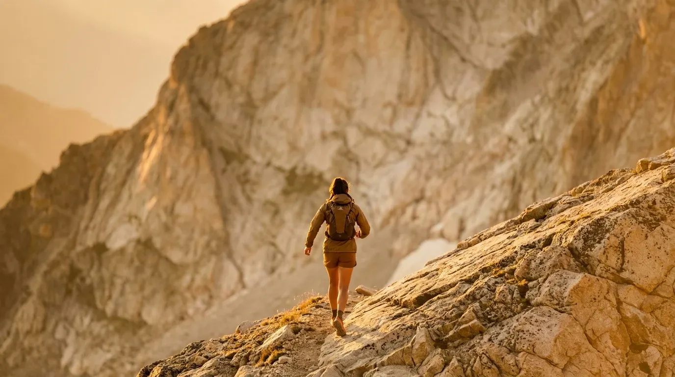 A female trail runner ascends a steep rocky alpine ridge from behind, silhouetted in golden hour light.