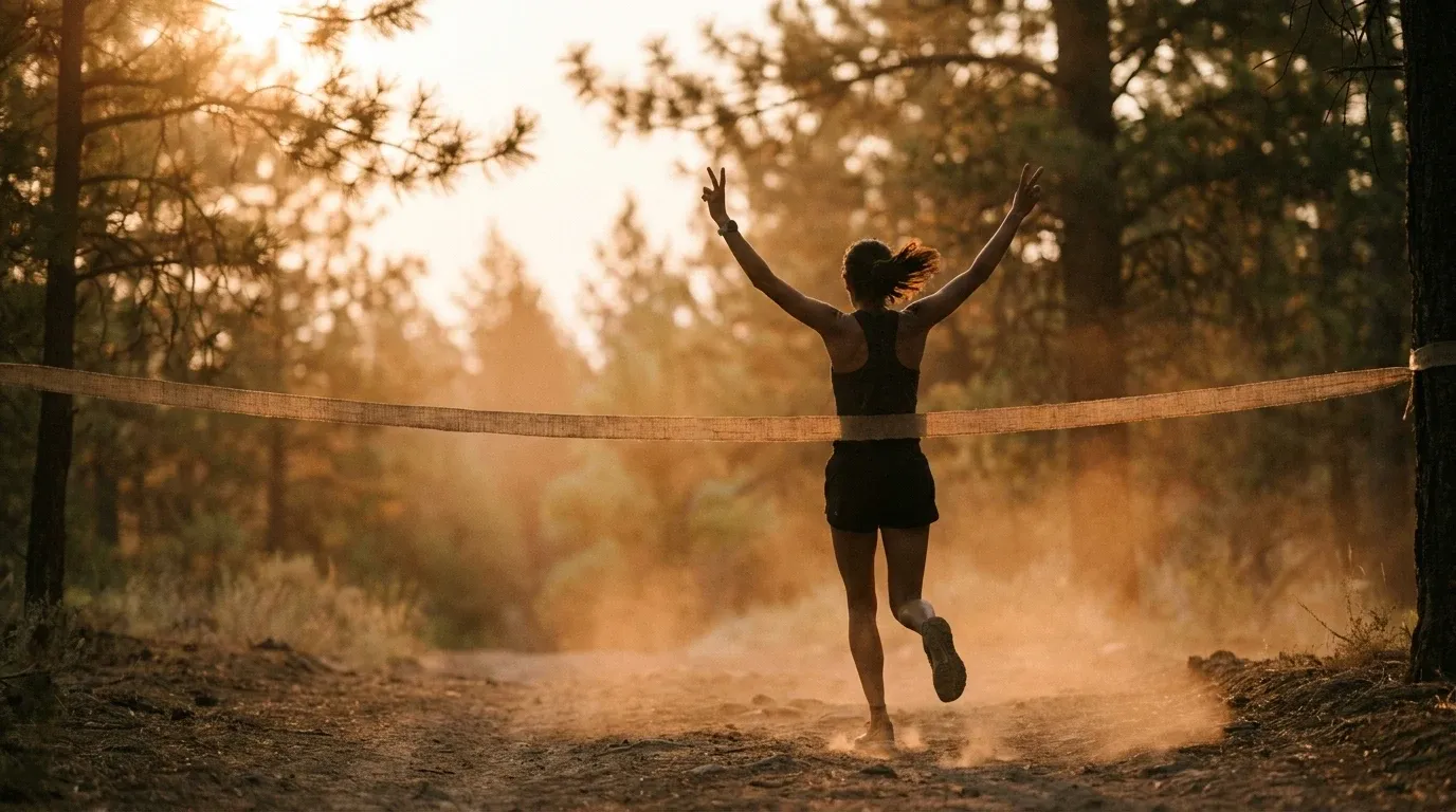 A runner crosses a finish line on a forest trail at golden dawn with arms raised in celebration.