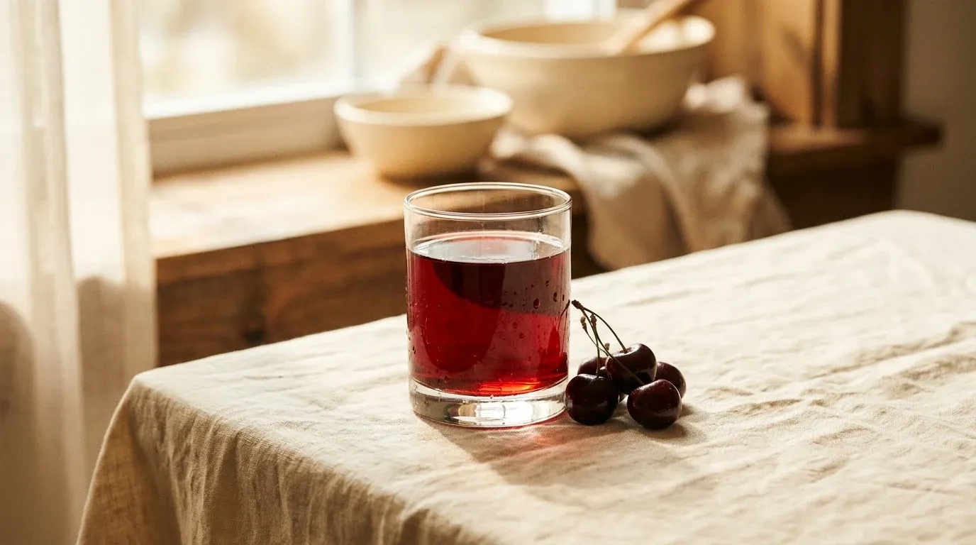 A glass of deep ruby-red tart cherry juice with condensation, accompanied by fresh cherries on a cream linen surface.