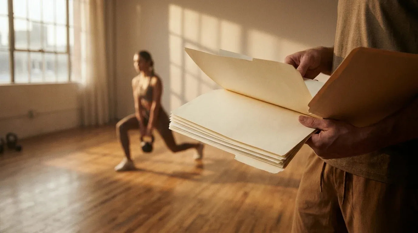 A personal trainer displays printed credential documents toward the camera in a warm, naturally lit gym setting.