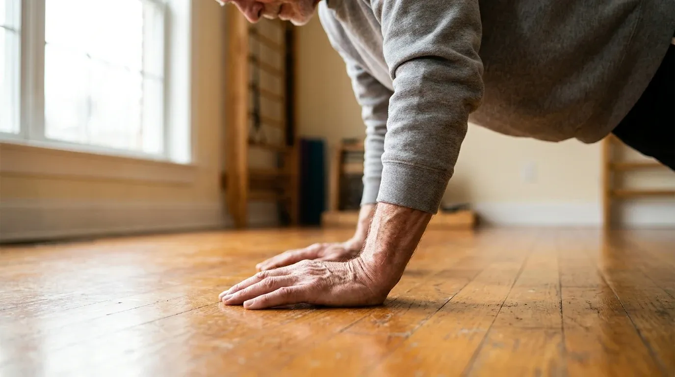 Older man's hands and forearms in push-up position on a warm wooden gym floor, shot from low angle.