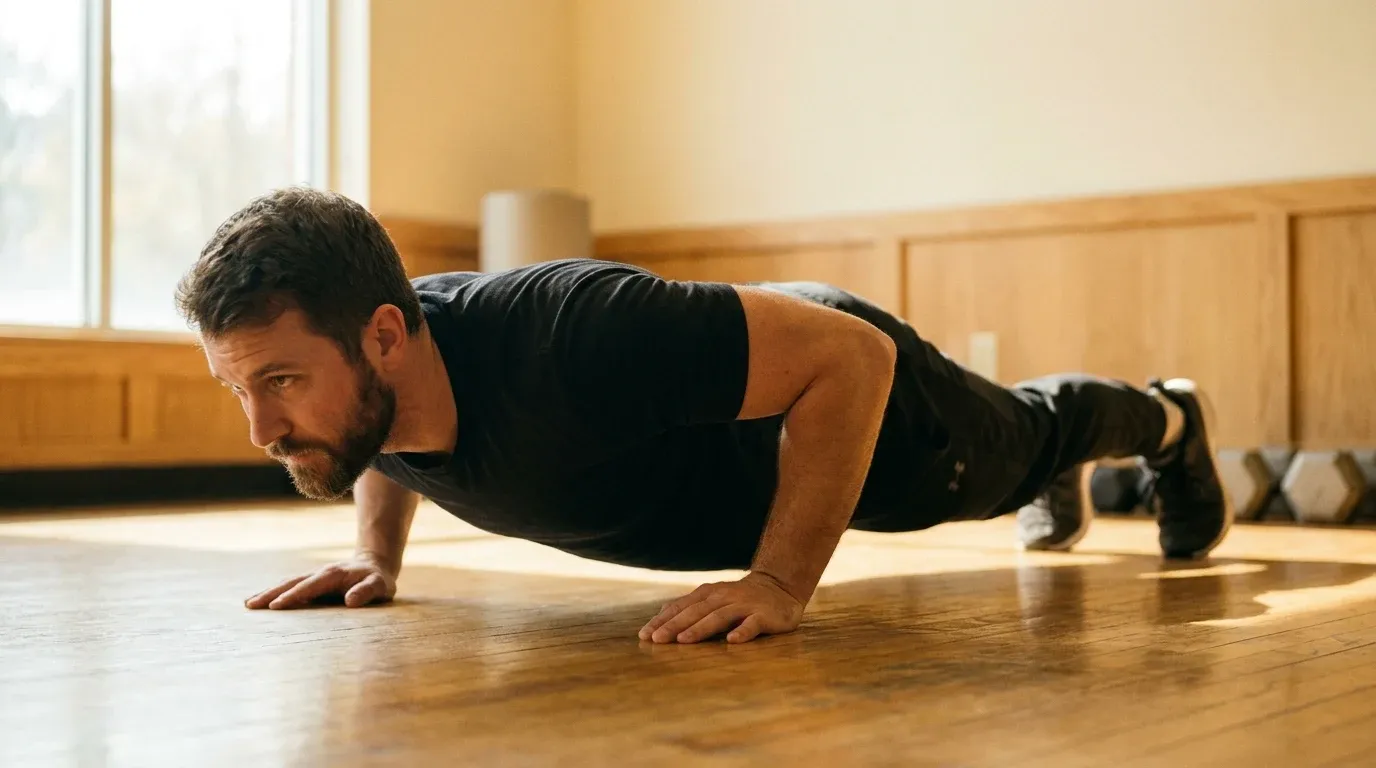 Man performing a low push-up in a minimalist gym, lit by soft golden morning light from the side.