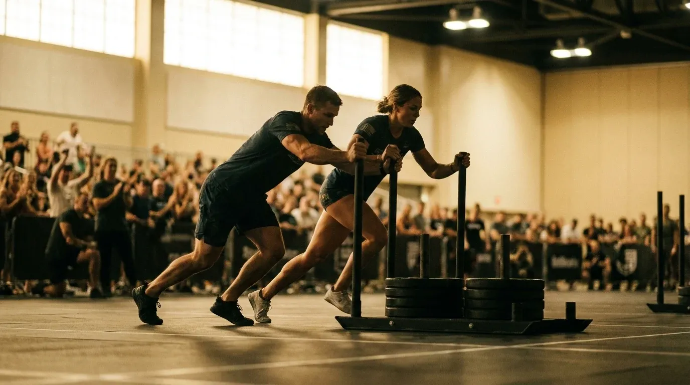 Two athletes push a heavy sled together in synchronized effort during a competitive event.