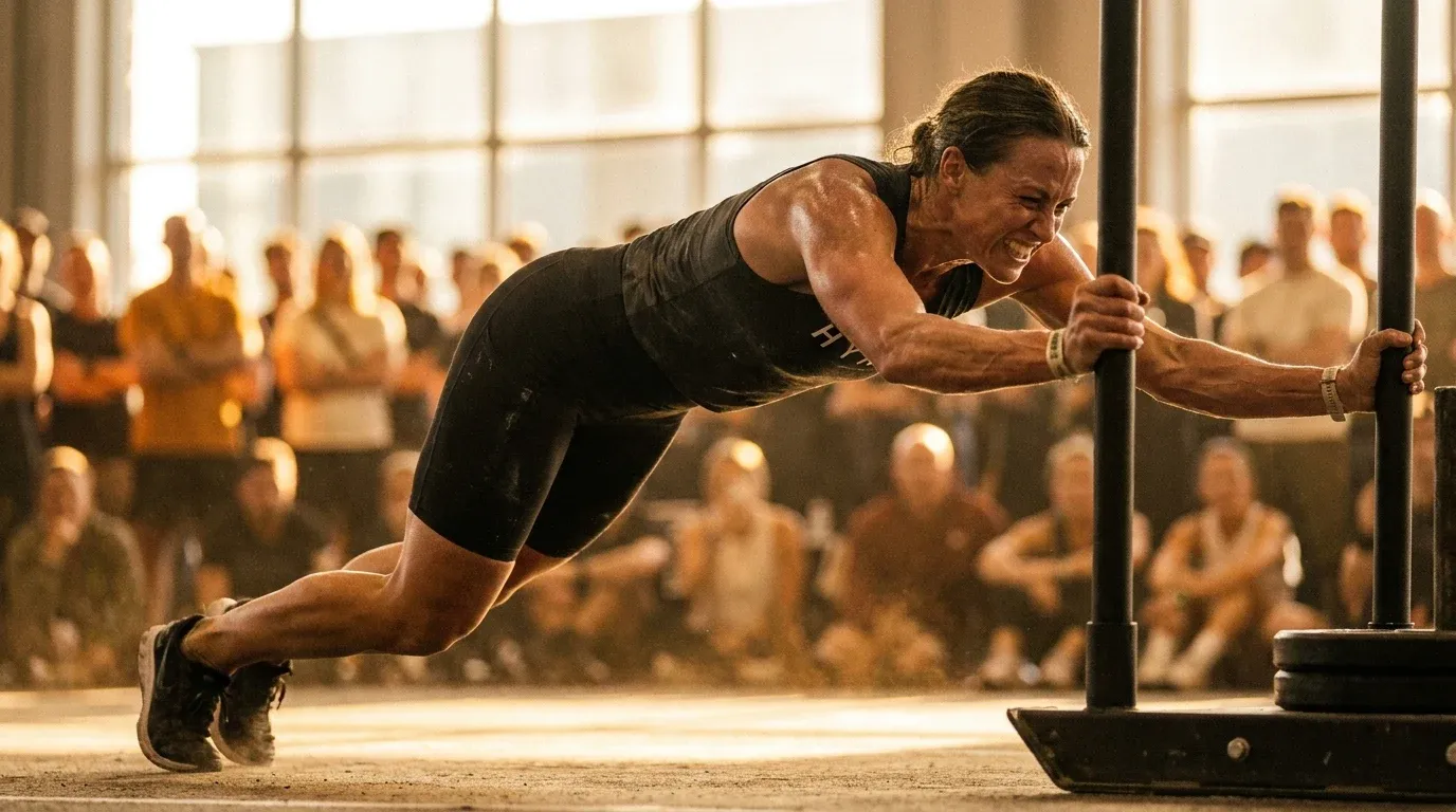 HYROX athlete mid-sled push at peak exertion, face grimaced, sweat-slicked skin glowing in warm golden light with blurred crowd behind.