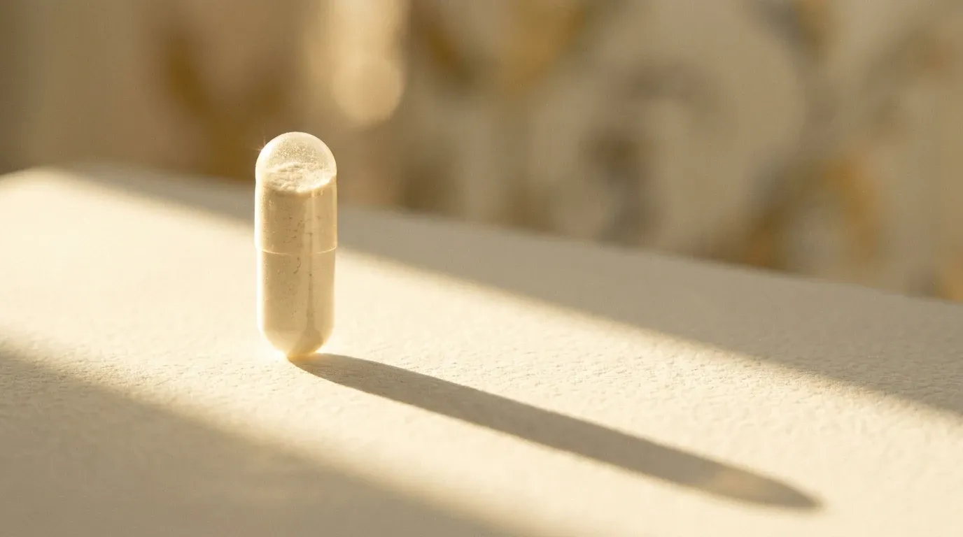 Translucent capsule filled with cream powder lit by warm raking sidelight against soft background.