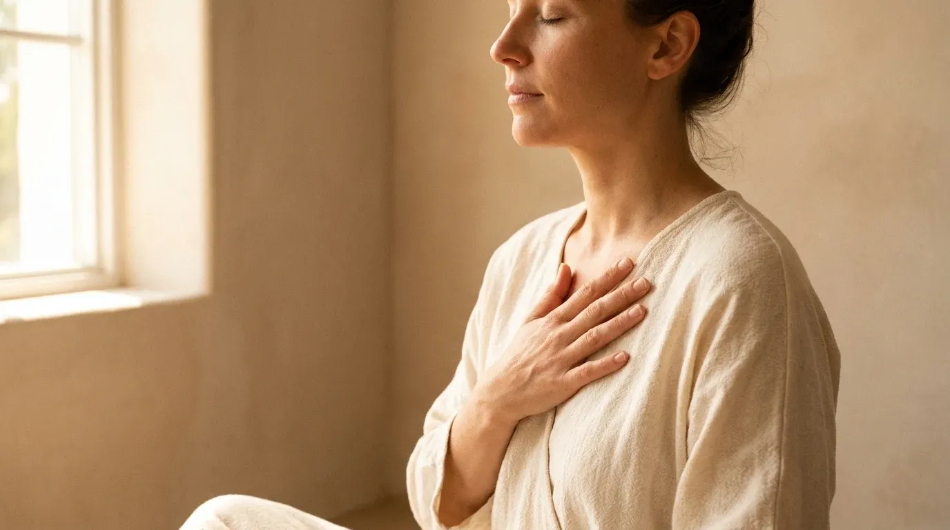 Woman with eyes closed, hand on chest, practicing mindful breathing in warm natural golden light.