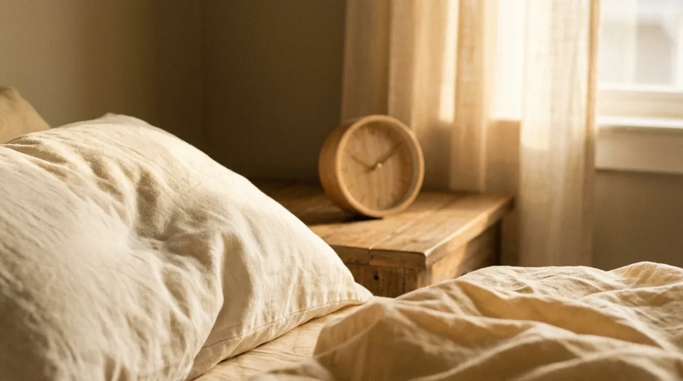A linen pillow with a fresh indent and a blurred analog clock on a wooden nightstand, bathed in soft golden morning light.
