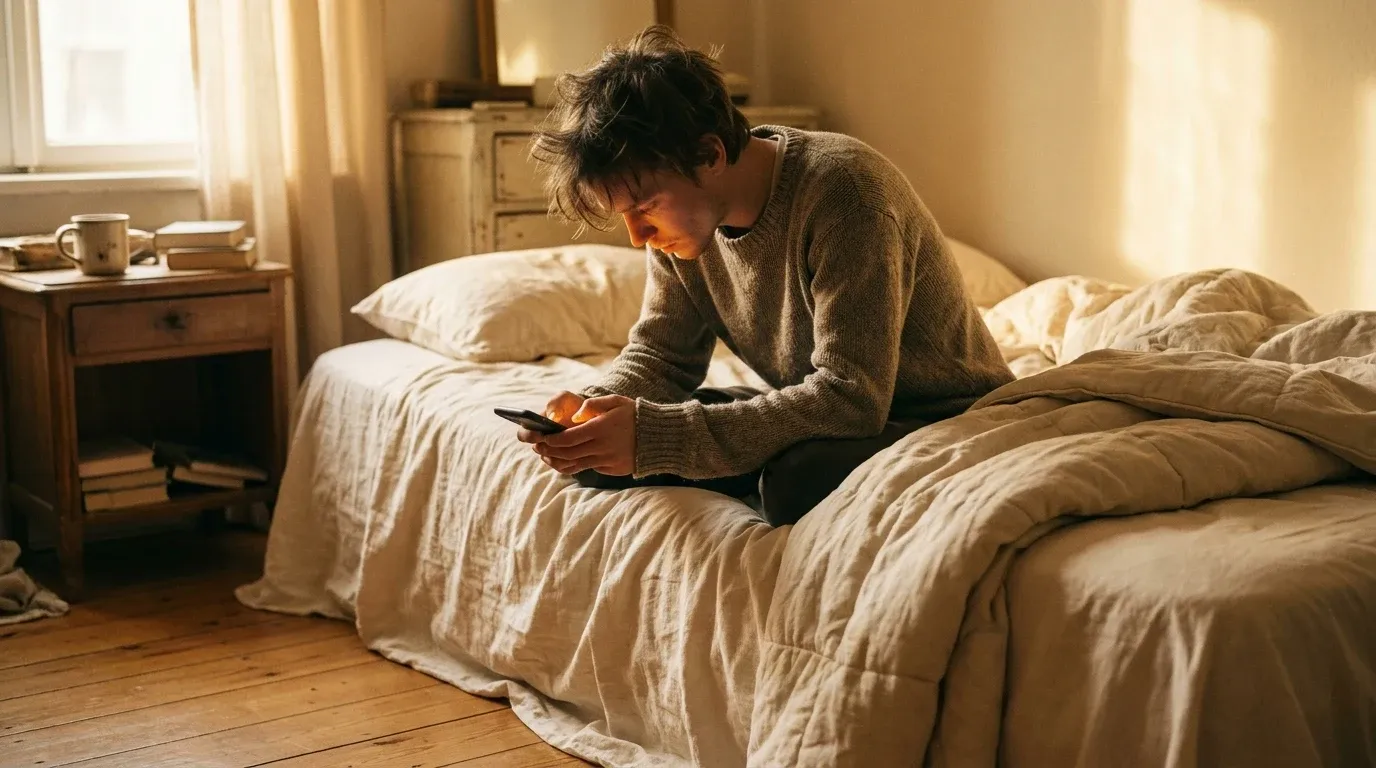 Young adult hunched over smartphone on unmade bed, lit by warm golden morning light.