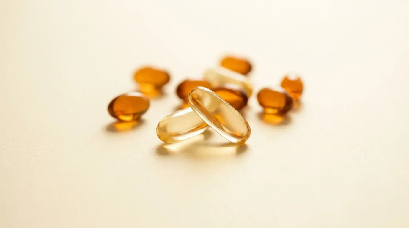 Translucent amber and cream vitamin capsules arranged on a warm surface in soft natural light.