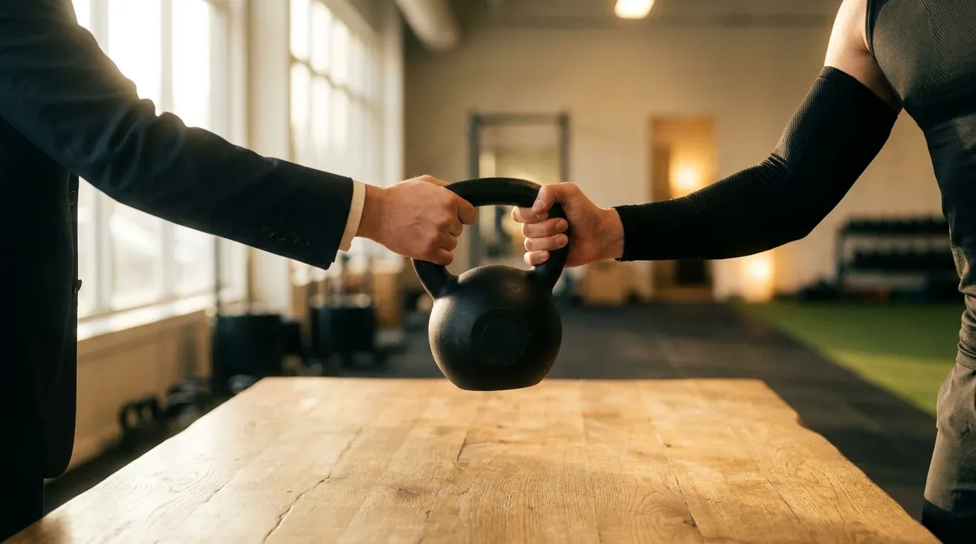 Two hands exchange a black kettlebell across an oak table, symbolizing a business partnership deal.