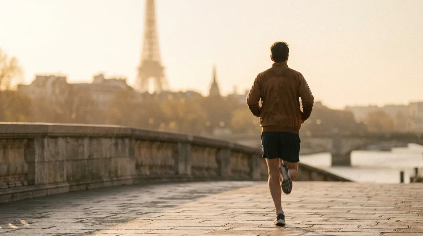 A runner strides across a stone bridge over the Seine with Paris skyline glowing in warm golden morning light.