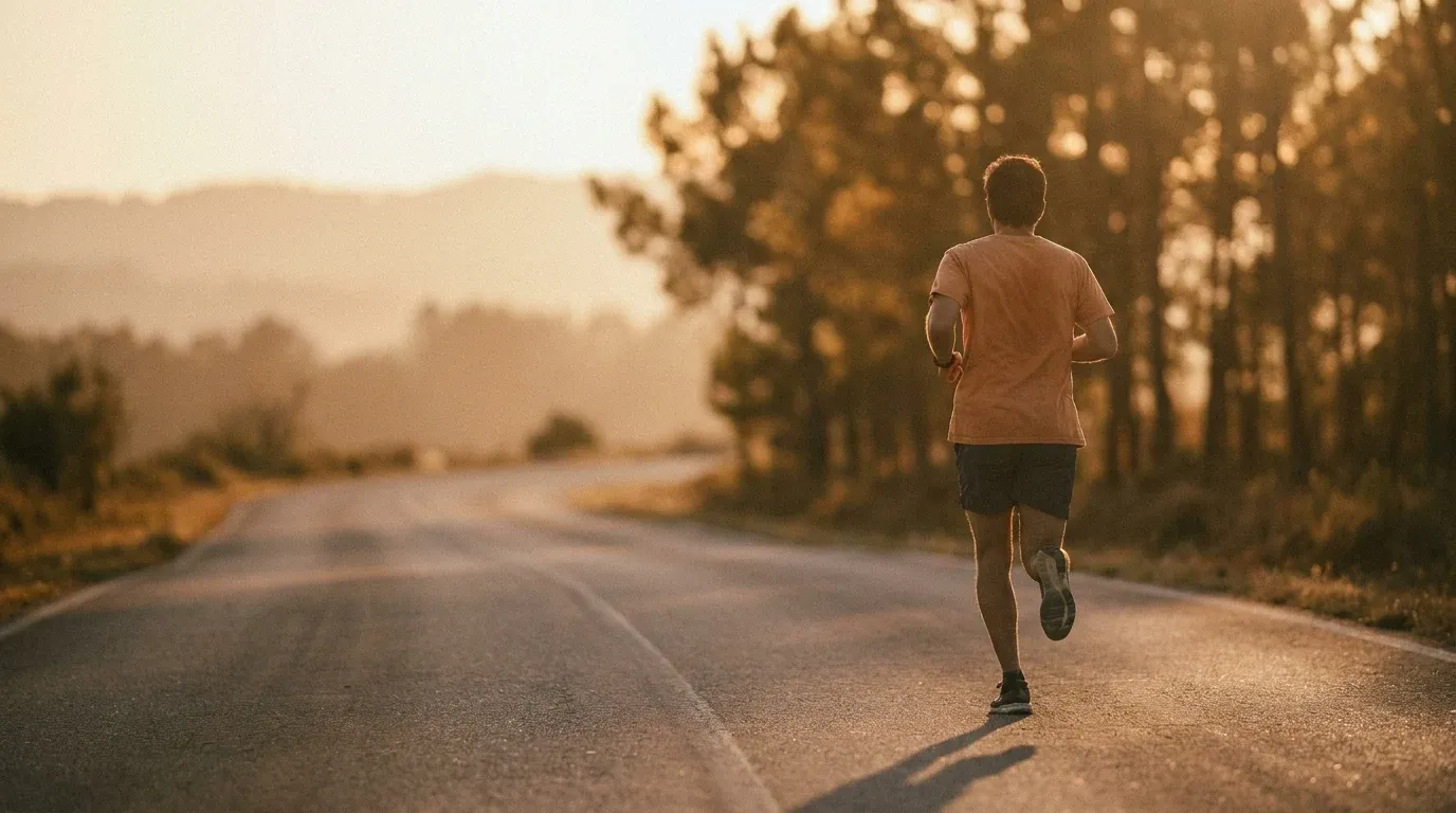 A runner in mid-stride on an open road, captured from behind in warm golden-hour light.