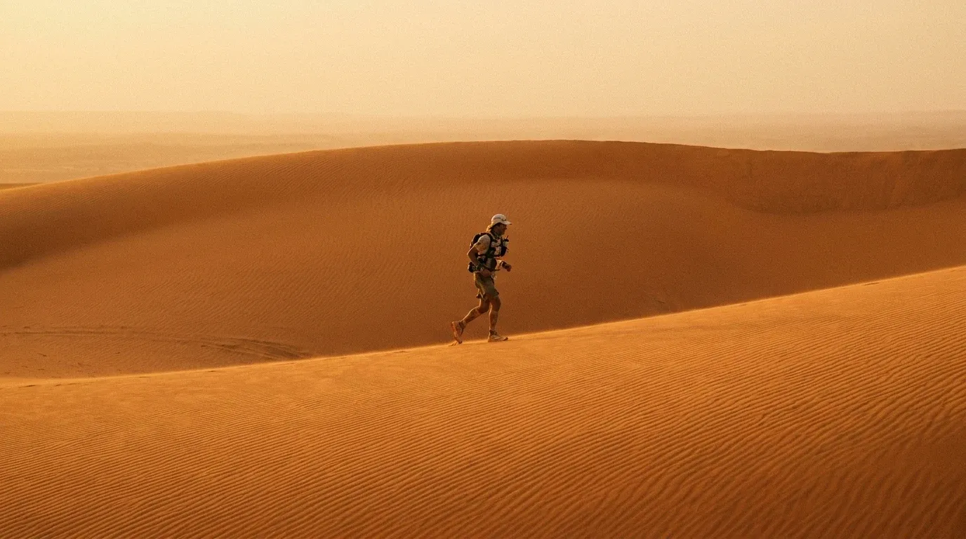 A lone ultramarathon runner strides across vast golden Saharan dunes in warm late-afternoon desert light.